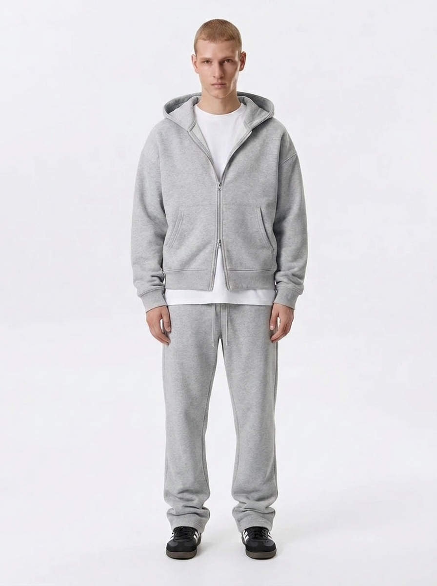 Men's Cotton Fleece Double-Zip Hoodie Wide-Leg Set - Heather Grey
