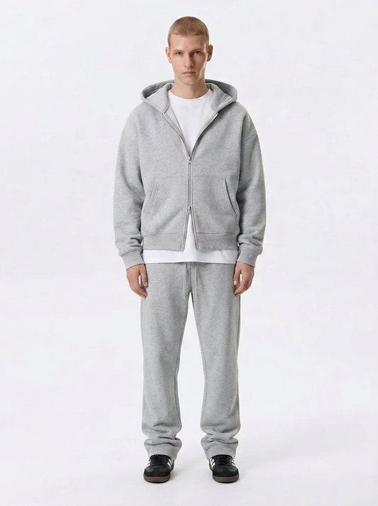 Men's Cotton Fleece Double-Zip Hoodie Wide-Leg Set - Heather Grey