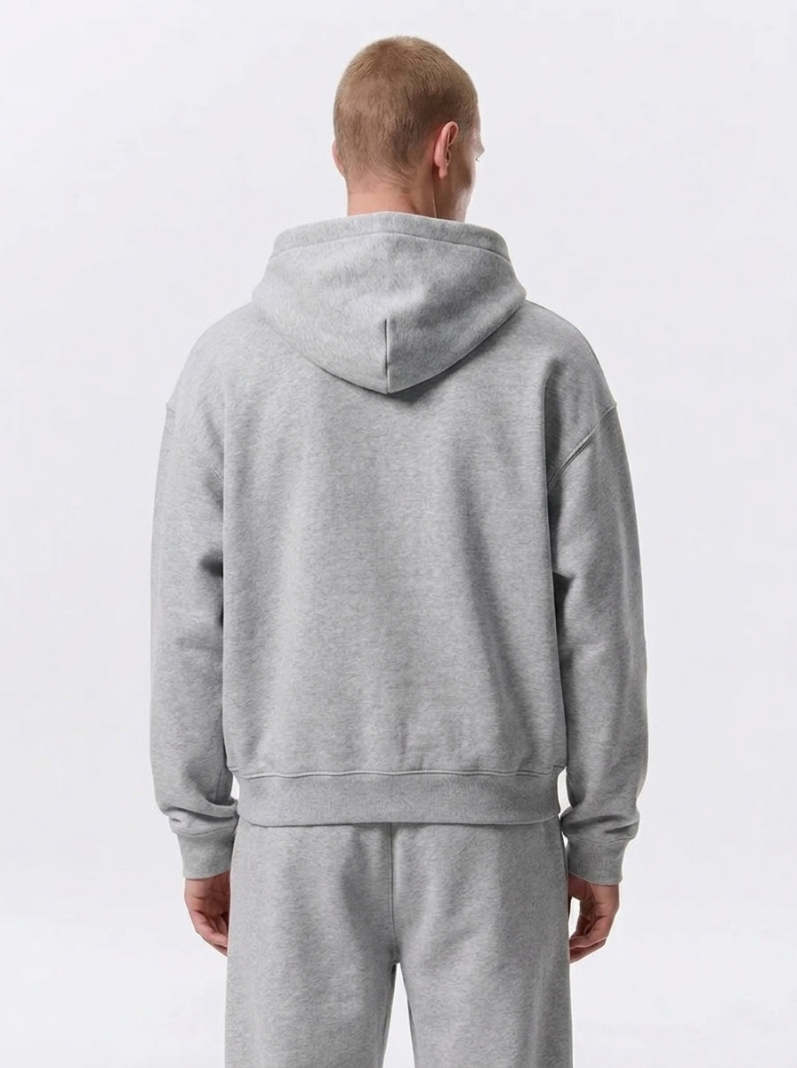 Men's Cotton Fleece Double-Zip Hoodie Wide-Leg Set - Heather Grey