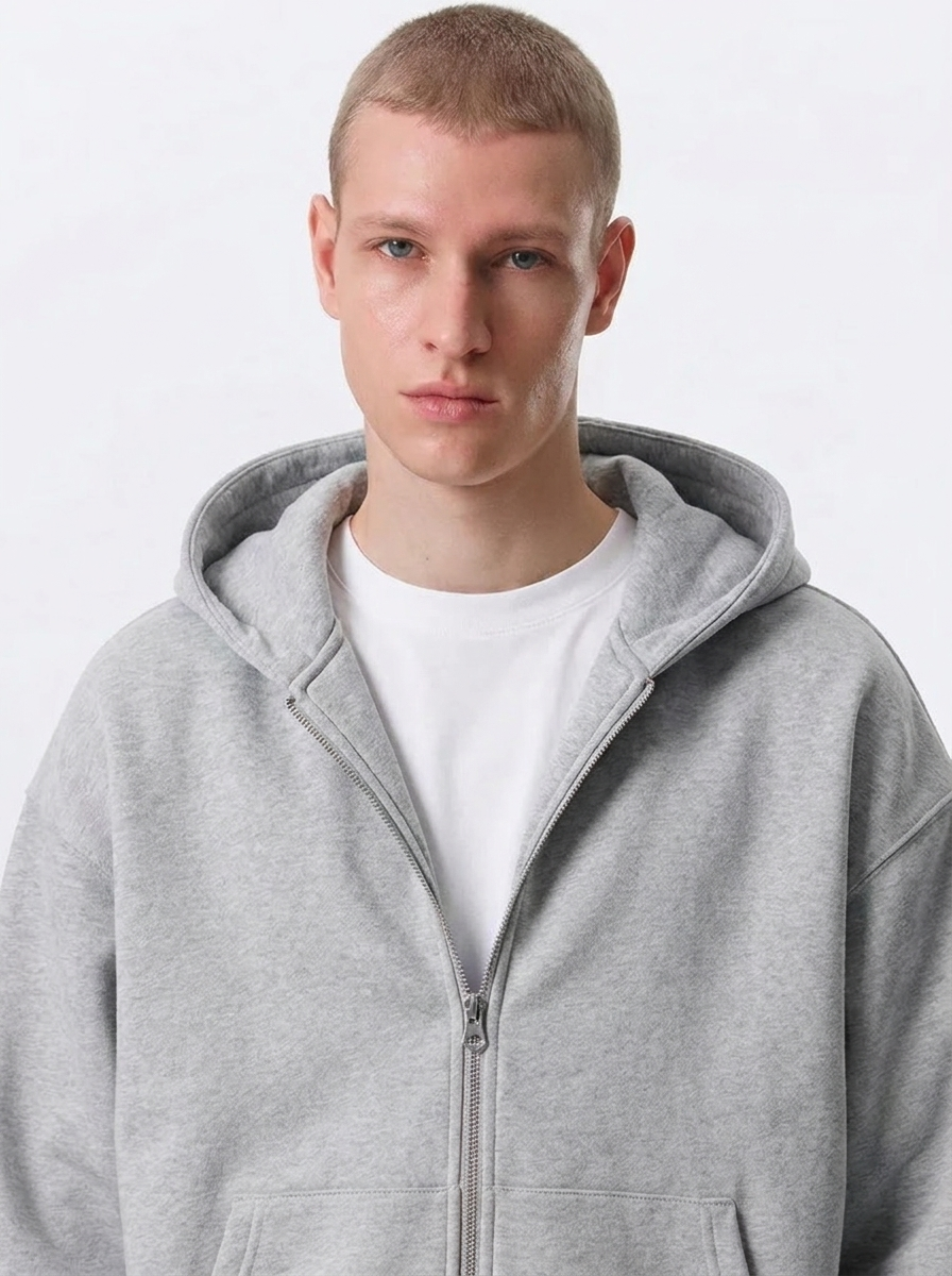 Men's Cotton Fleece Double-Zip Hoodie Wide-Leg Set - Heather Grey
