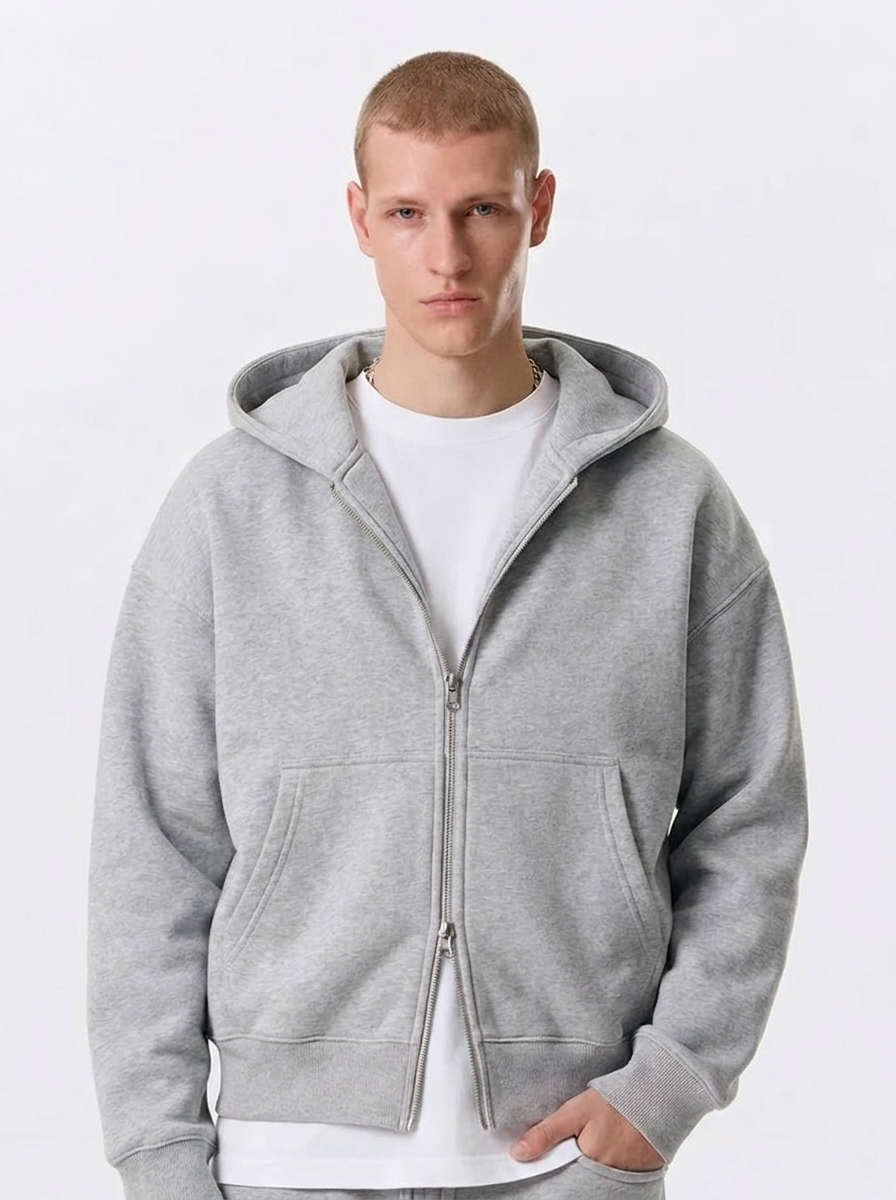 Men's Cotton Fleece Double-Zip Hoodie Wide-Leg Set - Heather Grey