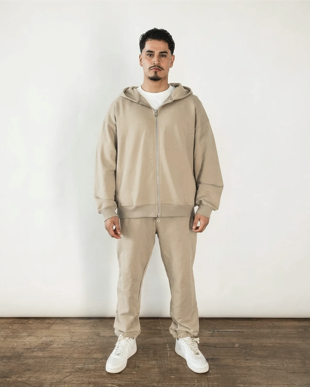 French Terry Double Zip Up - Khaki