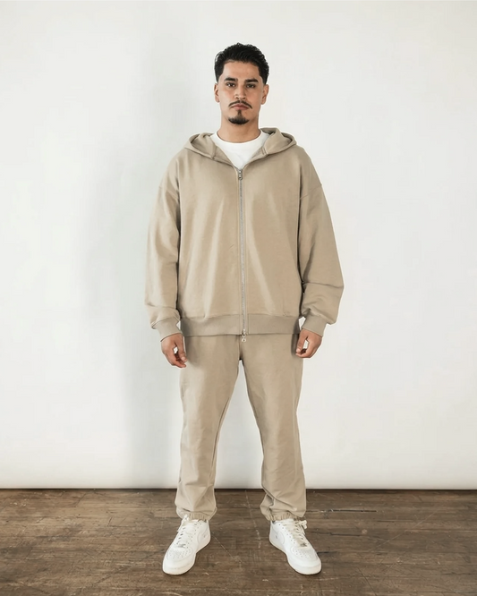 French Terry Double Zip Up - Khaki