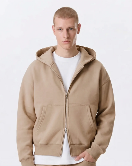 Men's Cotton Fleece Double-Zip Hoodie Wide-Leg Set - Khaki
