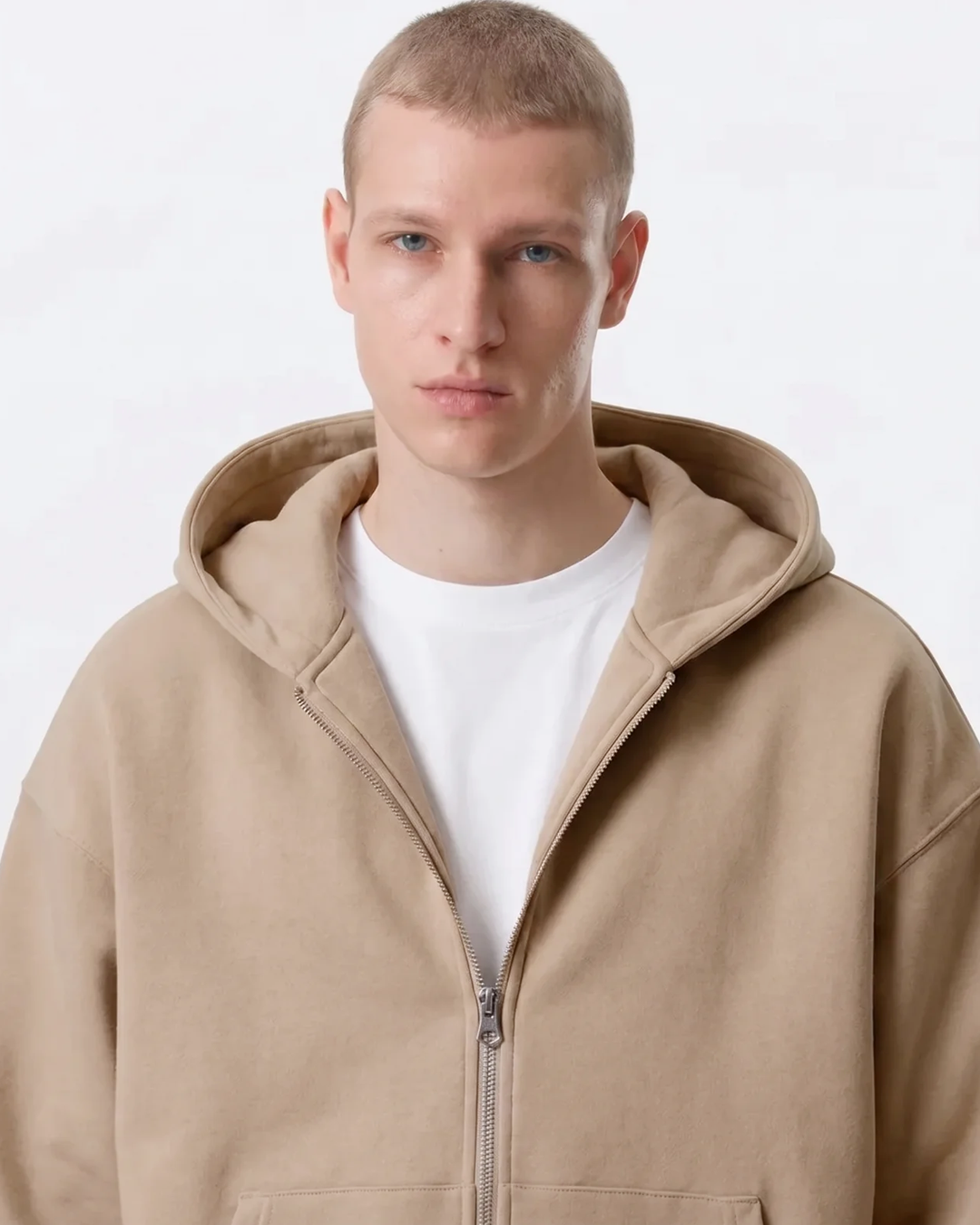 Men's Cotton Fleece Double-Zip Hoodie Wide-Leg Set - Khaki