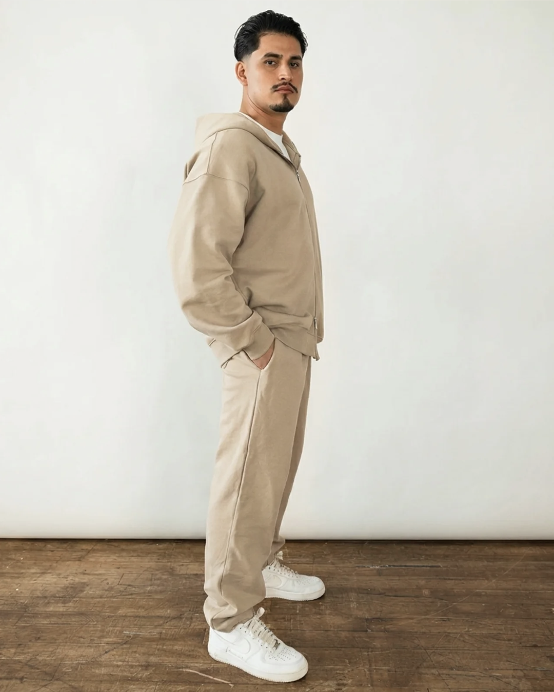 French Terry Double Zip Up - Khaki