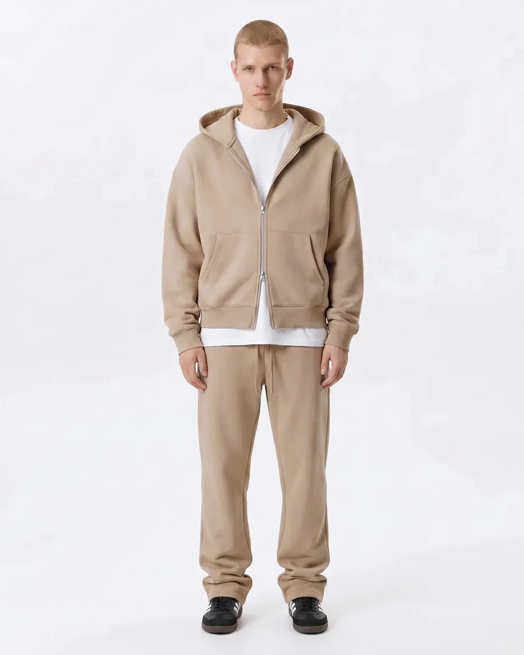 Men's Cotton Fleece Double-Zip Hoodie Wide-Leg Set - Khaki