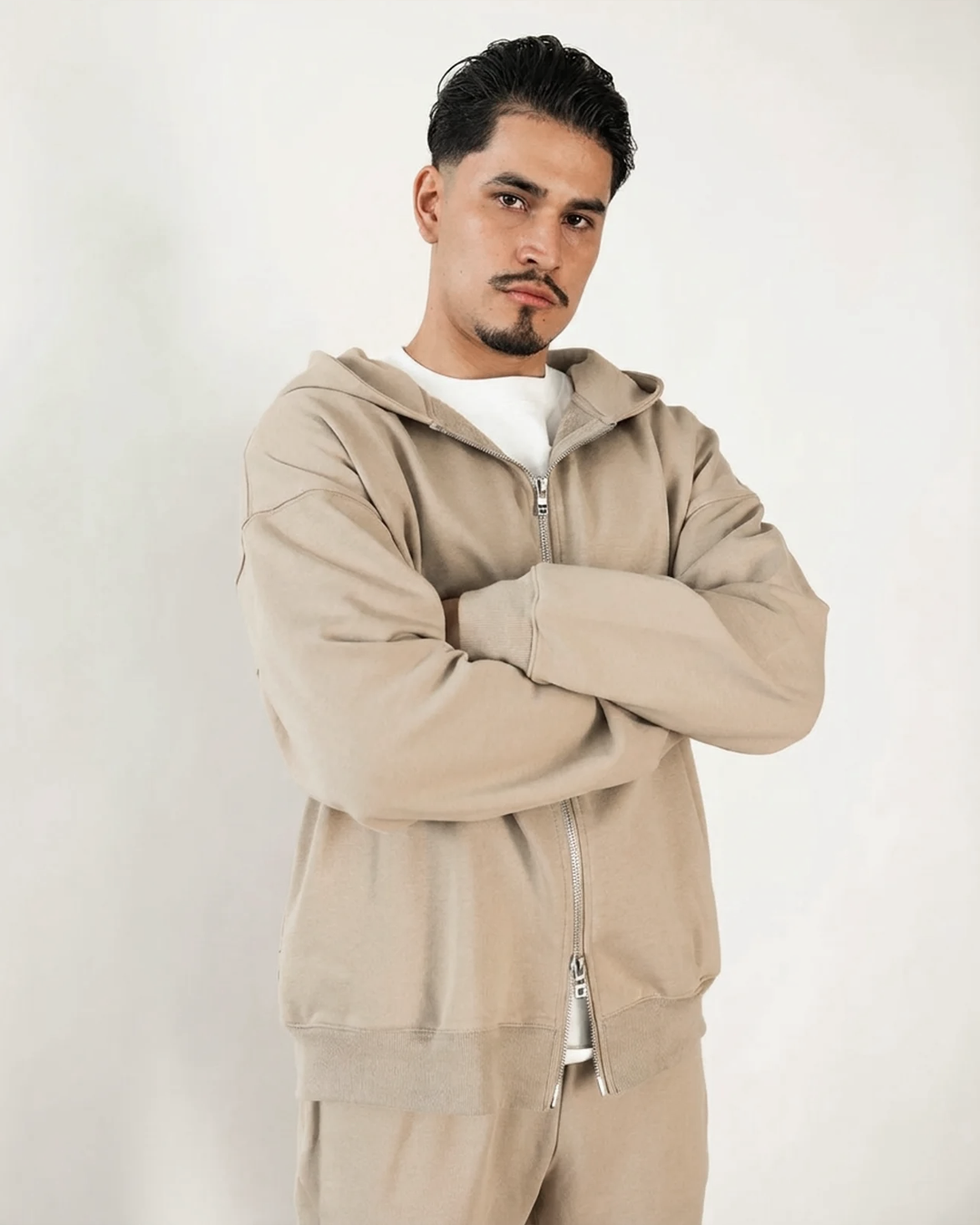French Terry Double Zip Up - Khaki