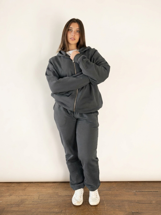 French Terry Double Zip Up - Dark Grey