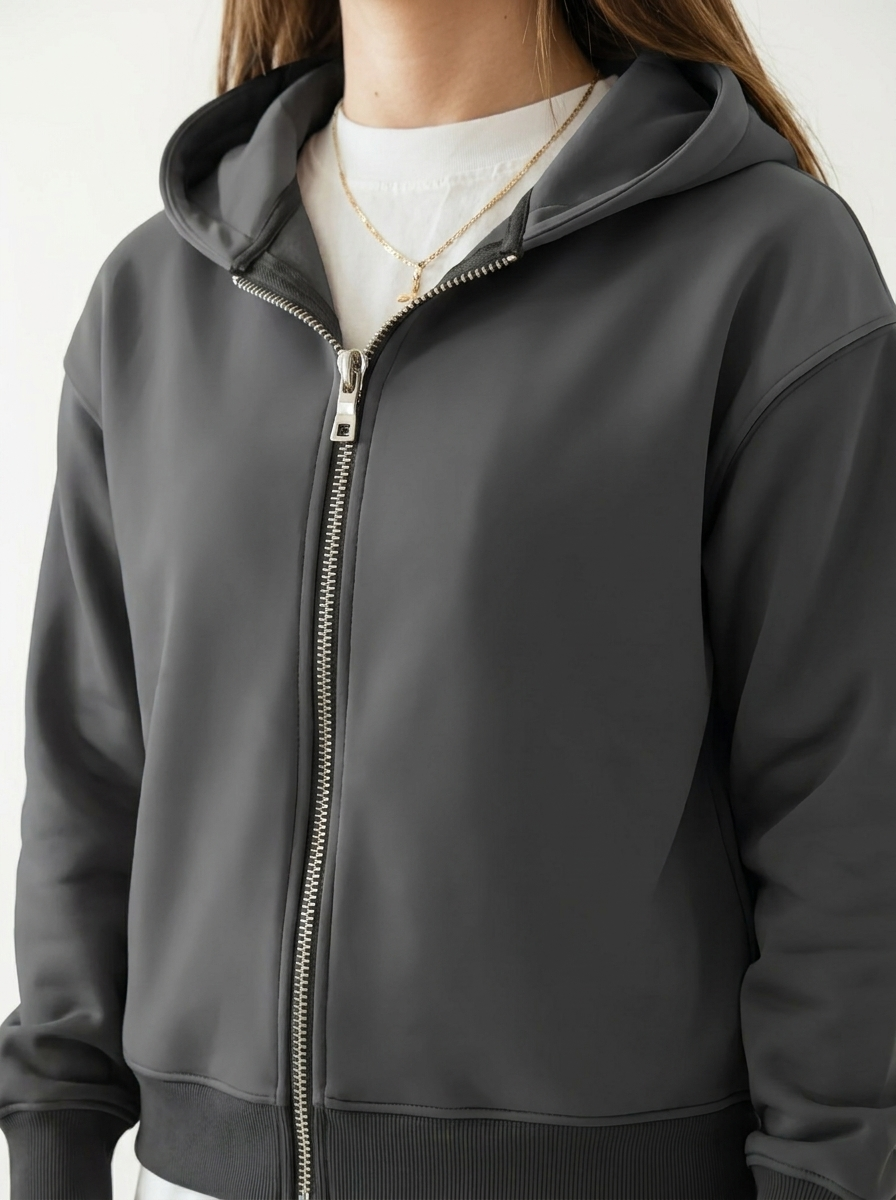 French Terry Double Zip Up - Dark Grey