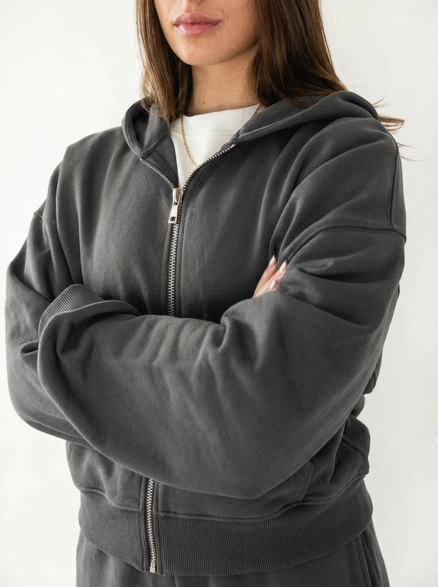 French Terry Double Zip Up - Dark Grey
