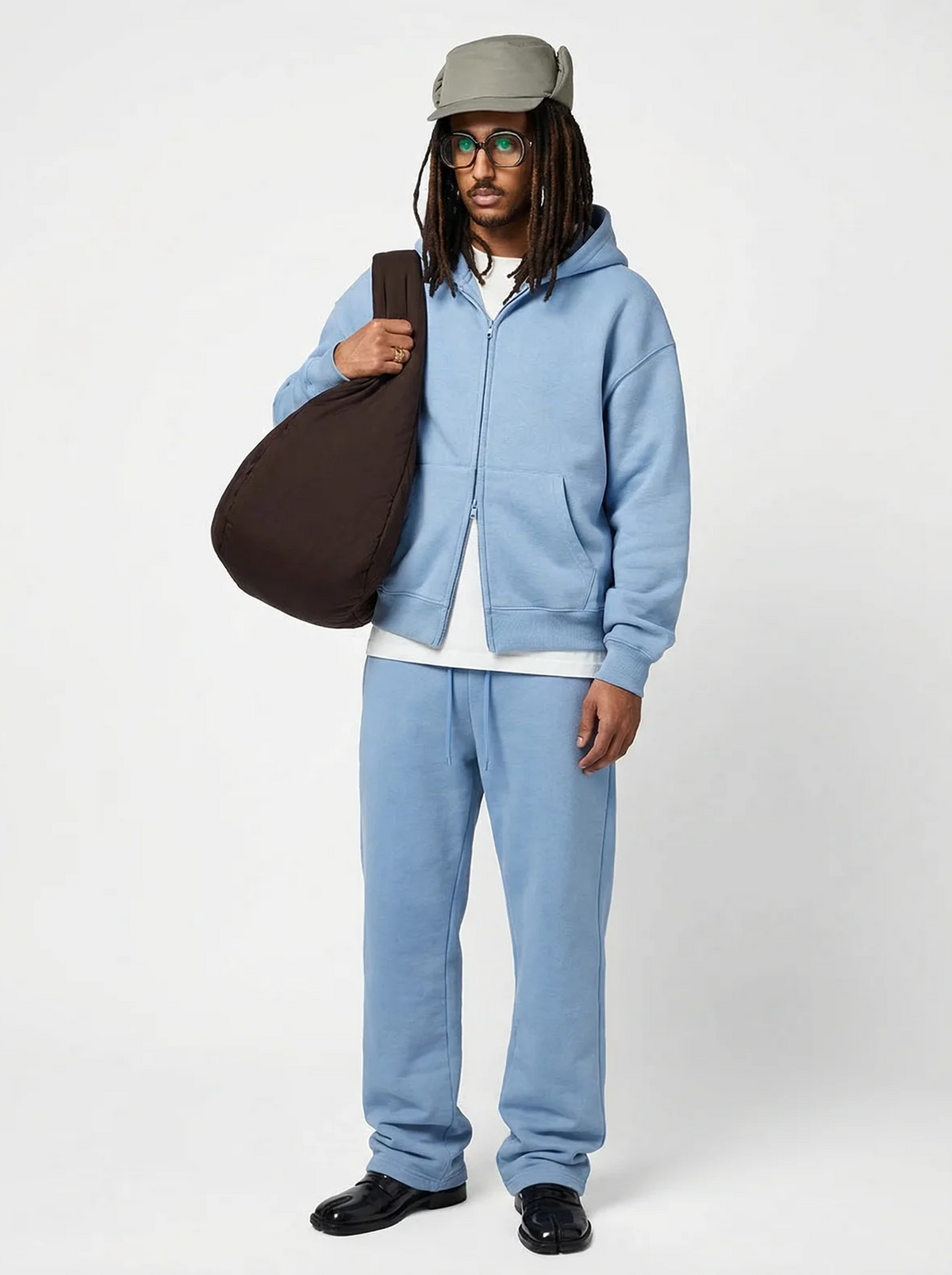 Men's Cotton Fleece Double-Zip Hoodie Wide-Leg Set - Smokey Blue