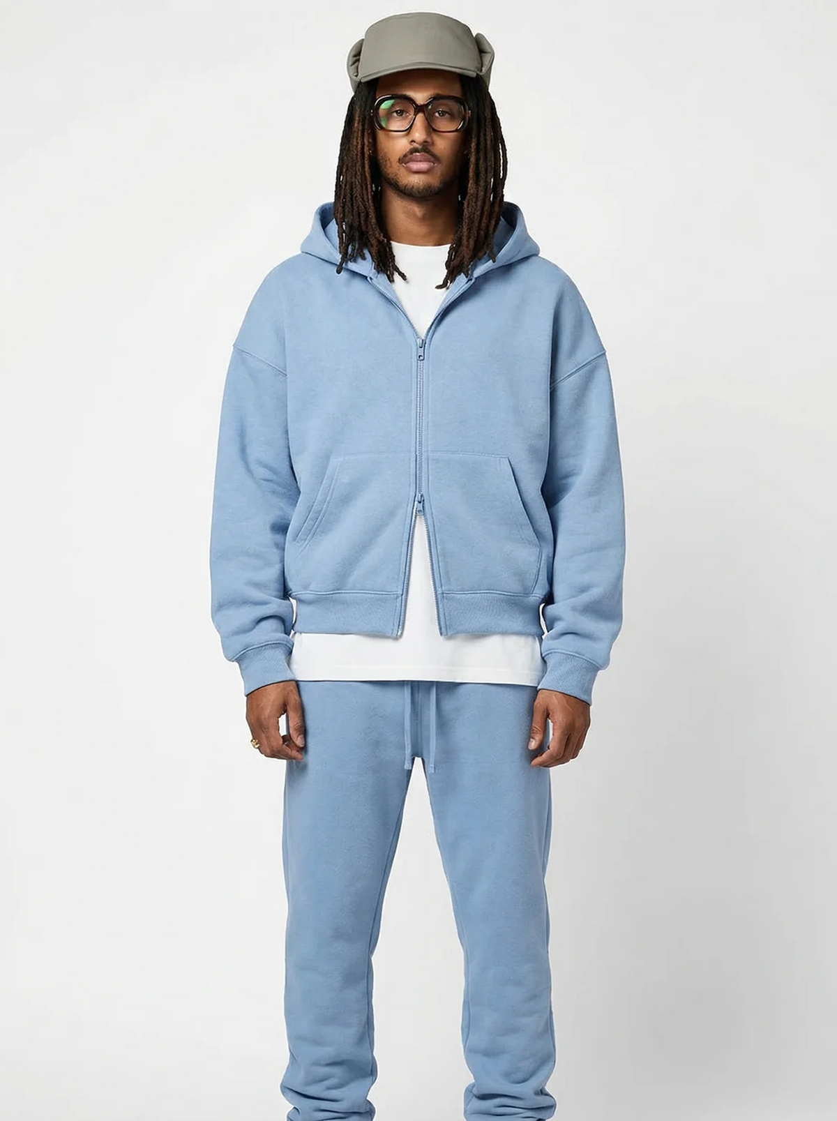 Men's Cotton Fleece Double-Zip Hoodie Wide-Leg Set - Smokey Blue