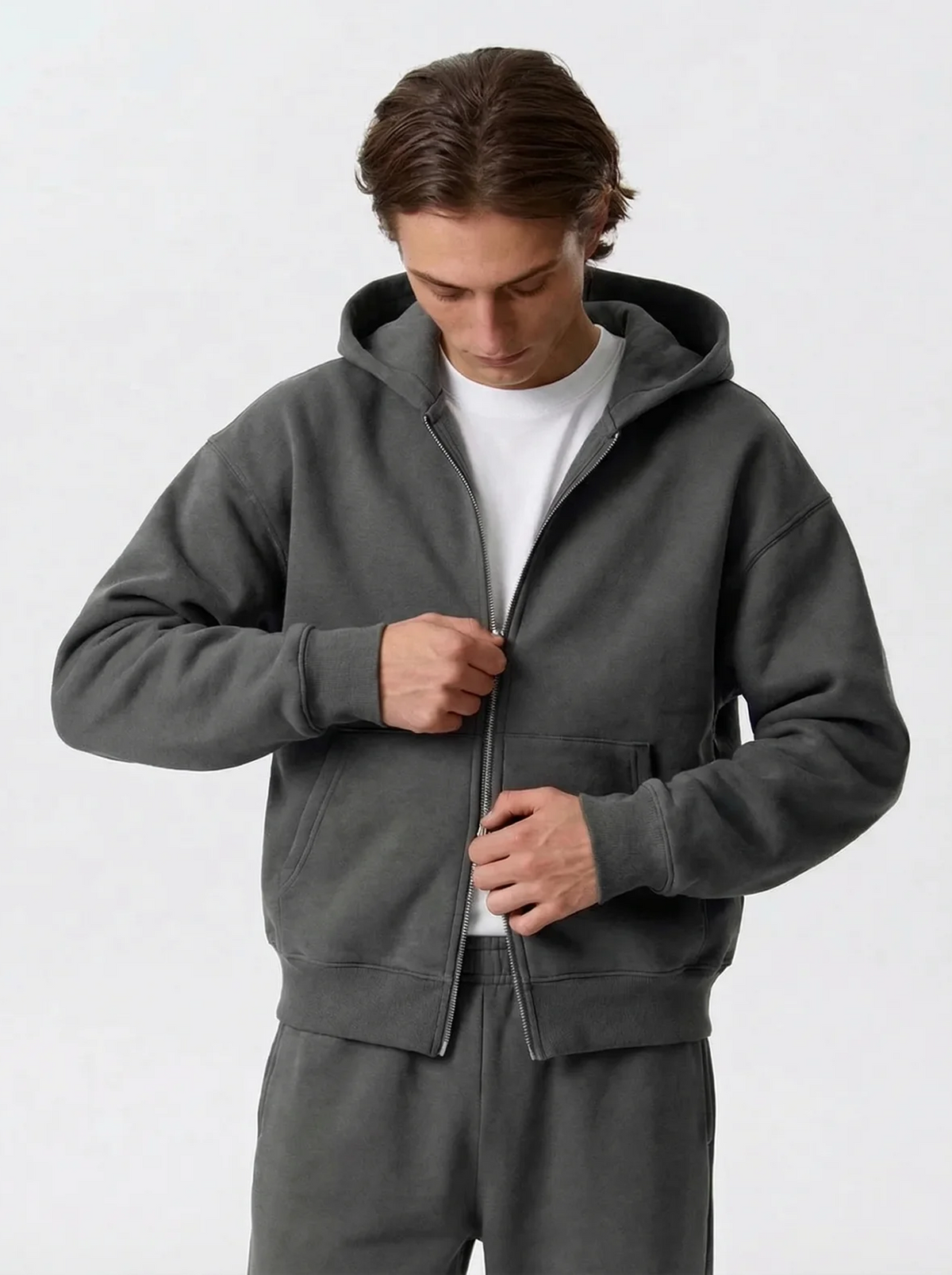 Men's Cotton Fleece Double-Zip Hoodie Wide-Leg Set - Dark Grey