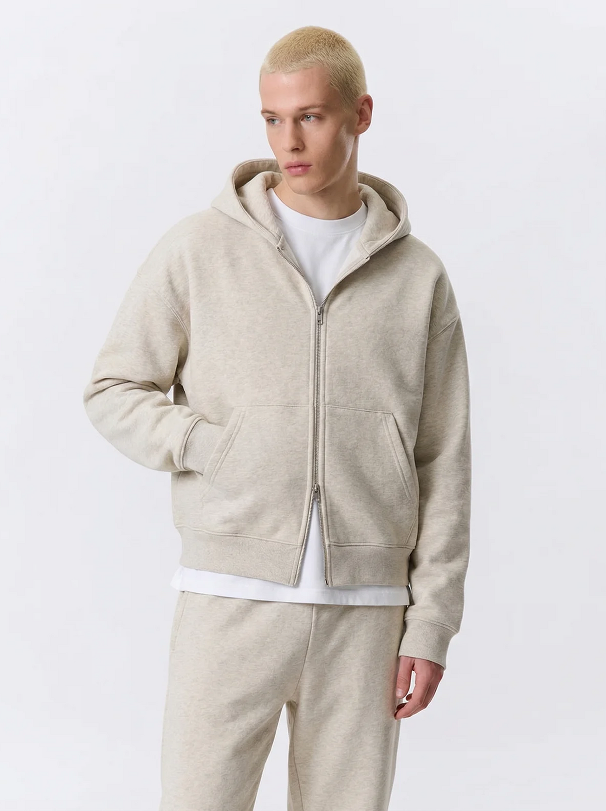 Men's Cotton Fleece Double-Zip Hoodie Wide-Leg Set - Light Oatmeal