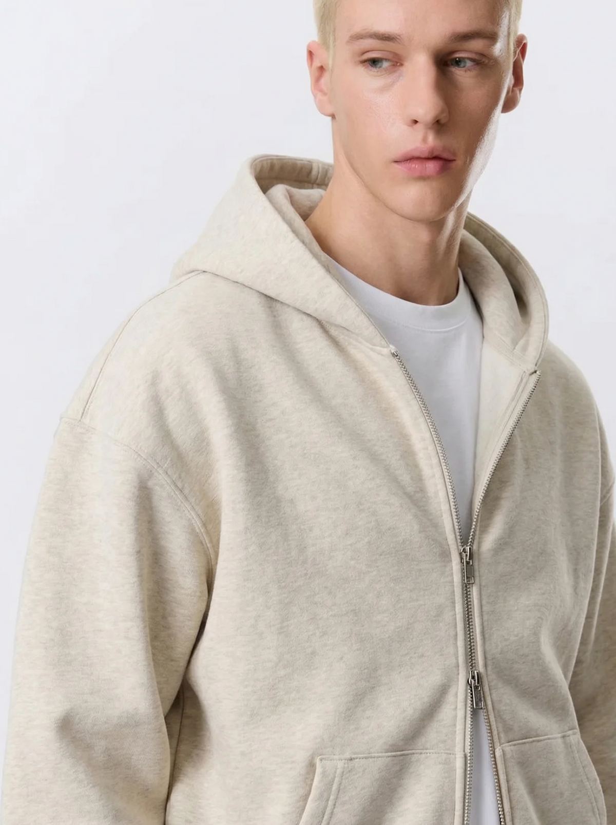 Men's Cotton Fleece Double-Zip Hoodie Wide-Leg Set - Light Oatmeal