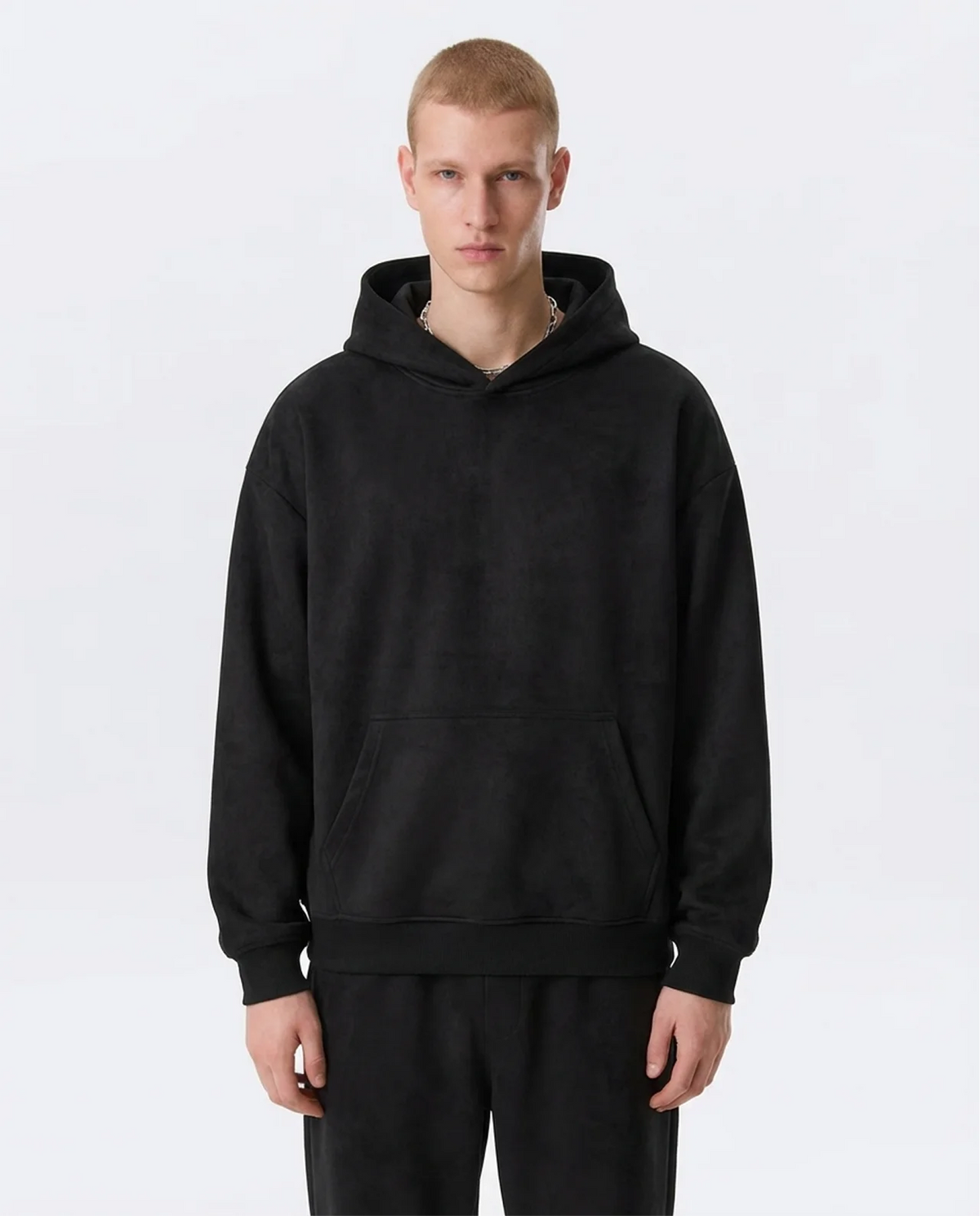 Men's Faux Suede Hoodie Wide Legs Sets - Black