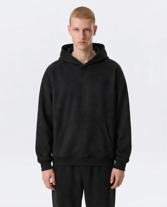 Men's Faux Suede Hoodie Wide Legs Sets - Black