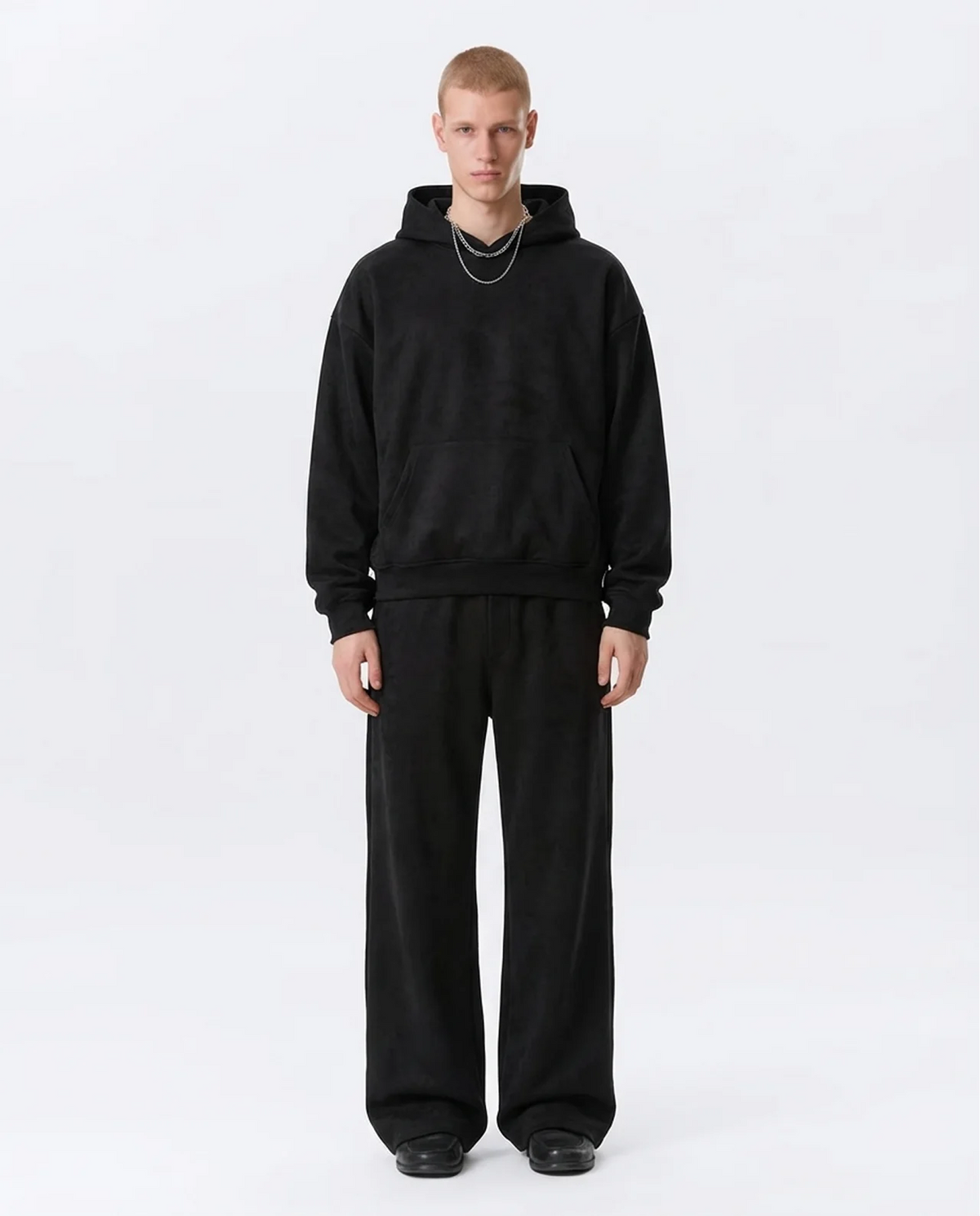 Men's Faux Suede Hoodie Wide Legs Sets - Black