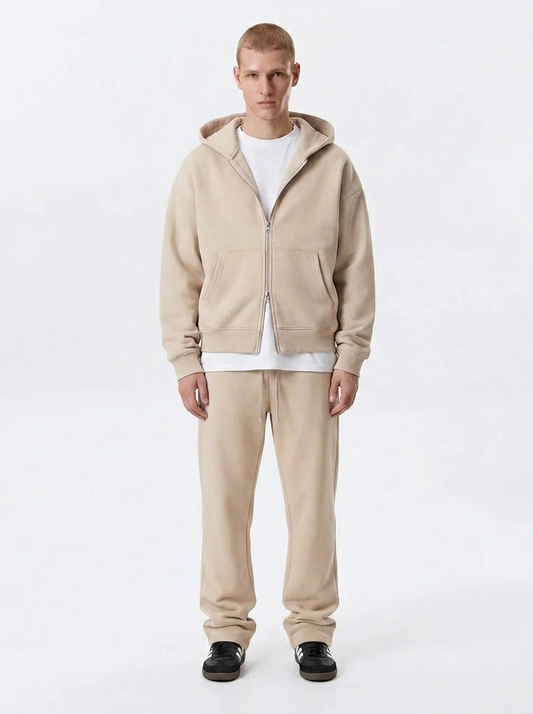 Men's Cotton Fleece Double-Zip Hoodie Wide-Leg Set - Sand