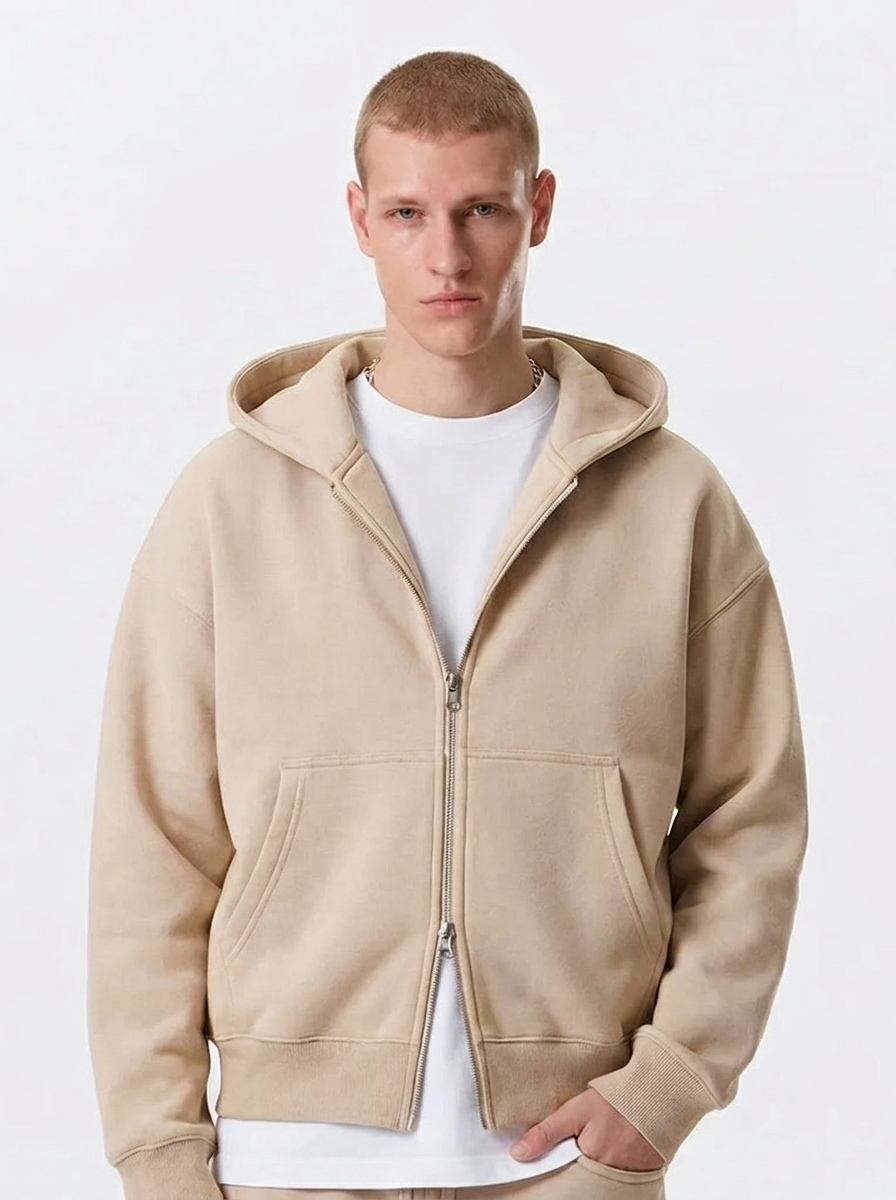 Men's Cotton Fleece Double-Zip Hoodie Wide-Leg Set - Sand