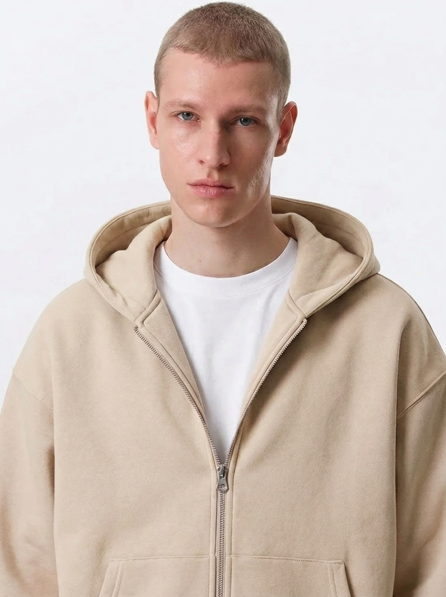Men's Cotton Fleece Double-Zip Hoodie Wide-Leg Set - Sand